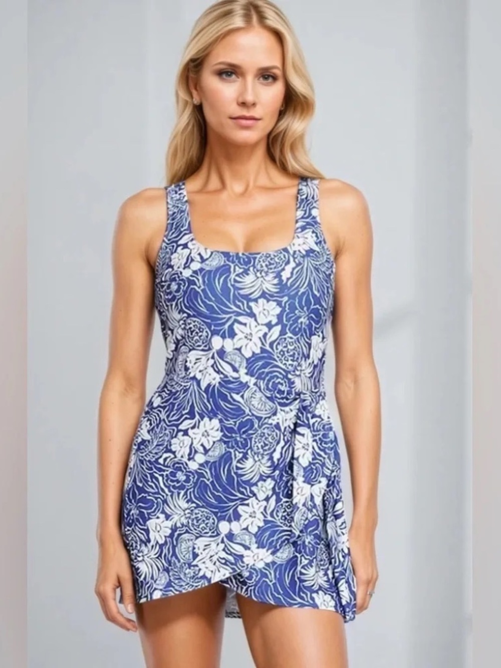 NWT Old Navy Matte Side Tie Floral Swim Dress  // Blue
